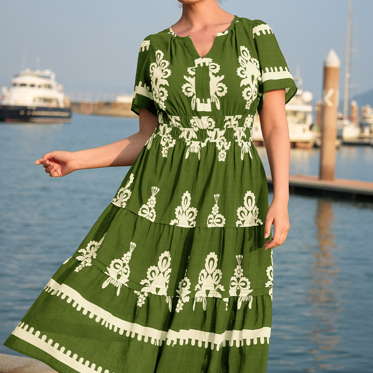 Bohe Smocked Waist Tiered Midi Dress