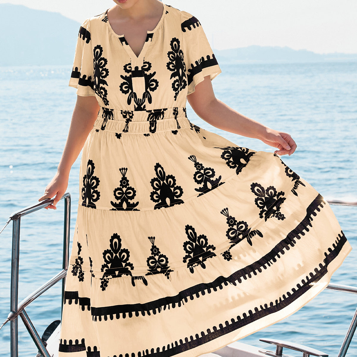 Bohe Smocked Waist Tiered Midi Dress