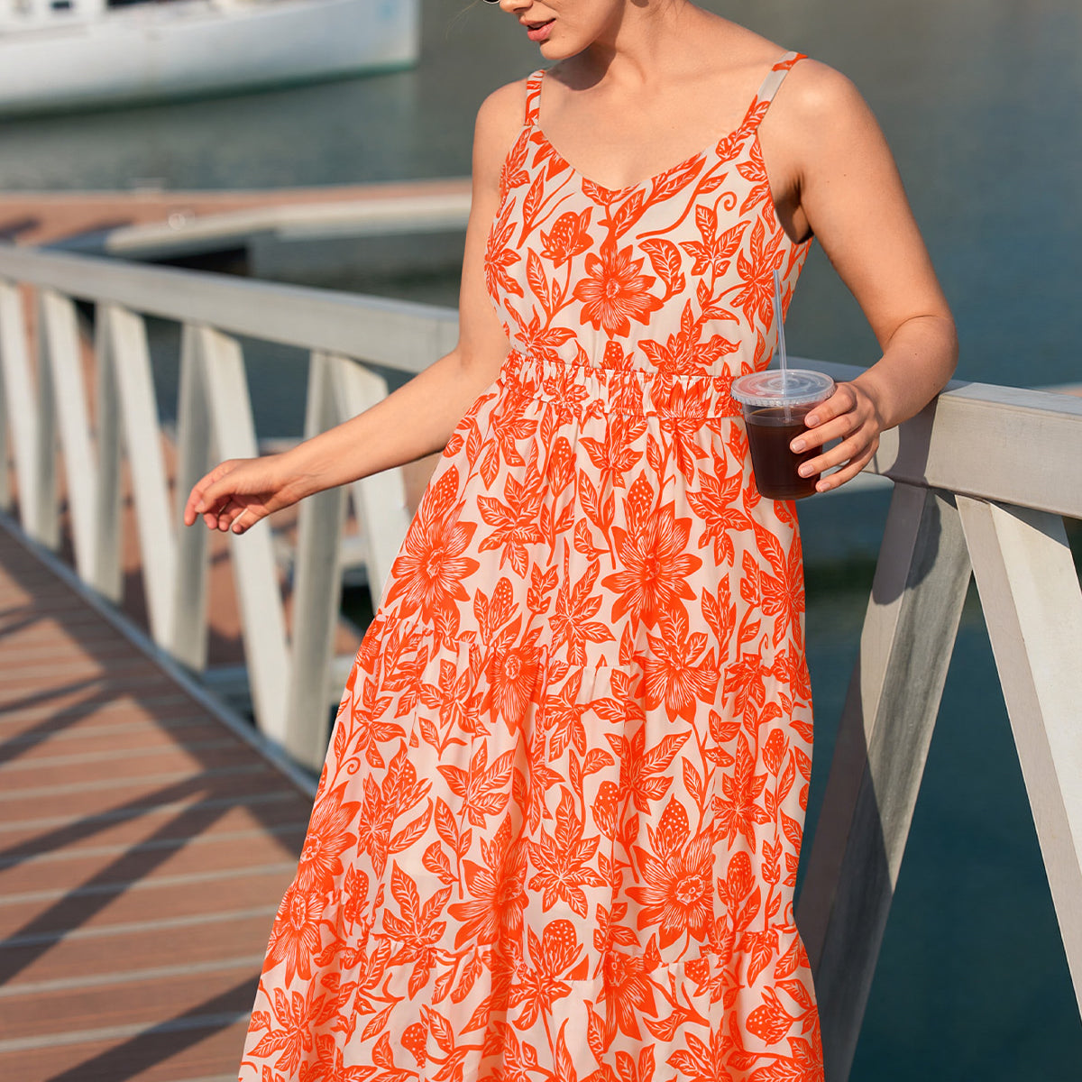 Floral Print Smocked Waist Cami Adjustable Straps Midi Dress