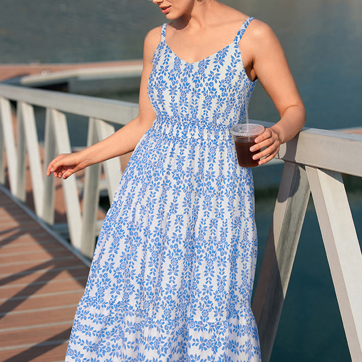 Tropical Orange Floral Print Smocked Adjustable Straps Midi Dress