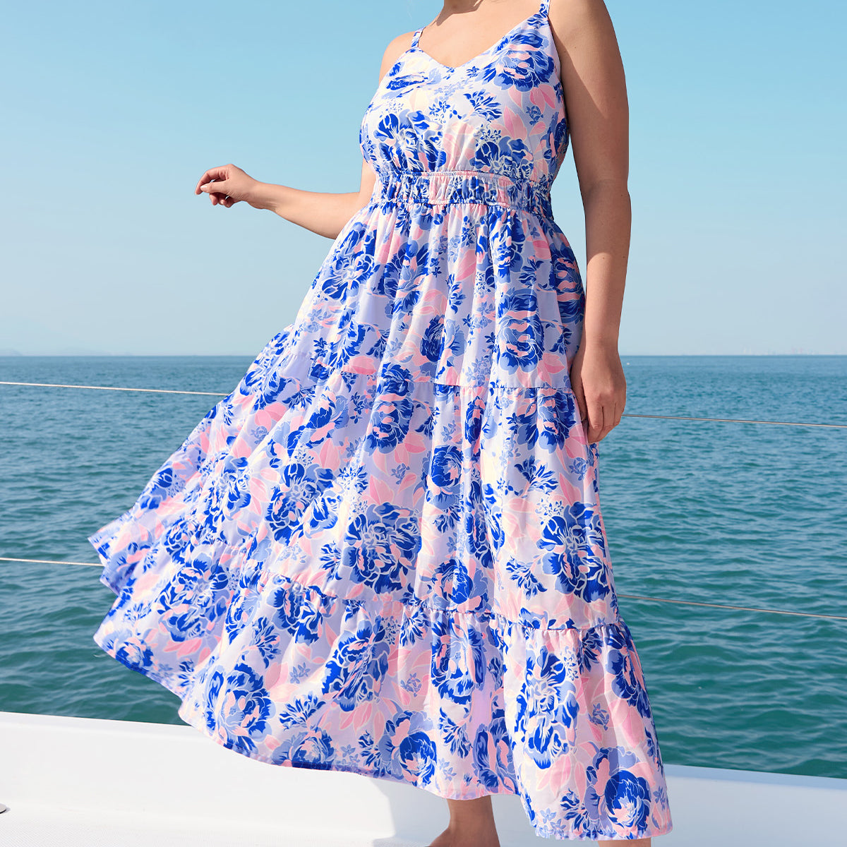 Tropical Orange Floral Print Smocked Adjustable Straps Midi Dress