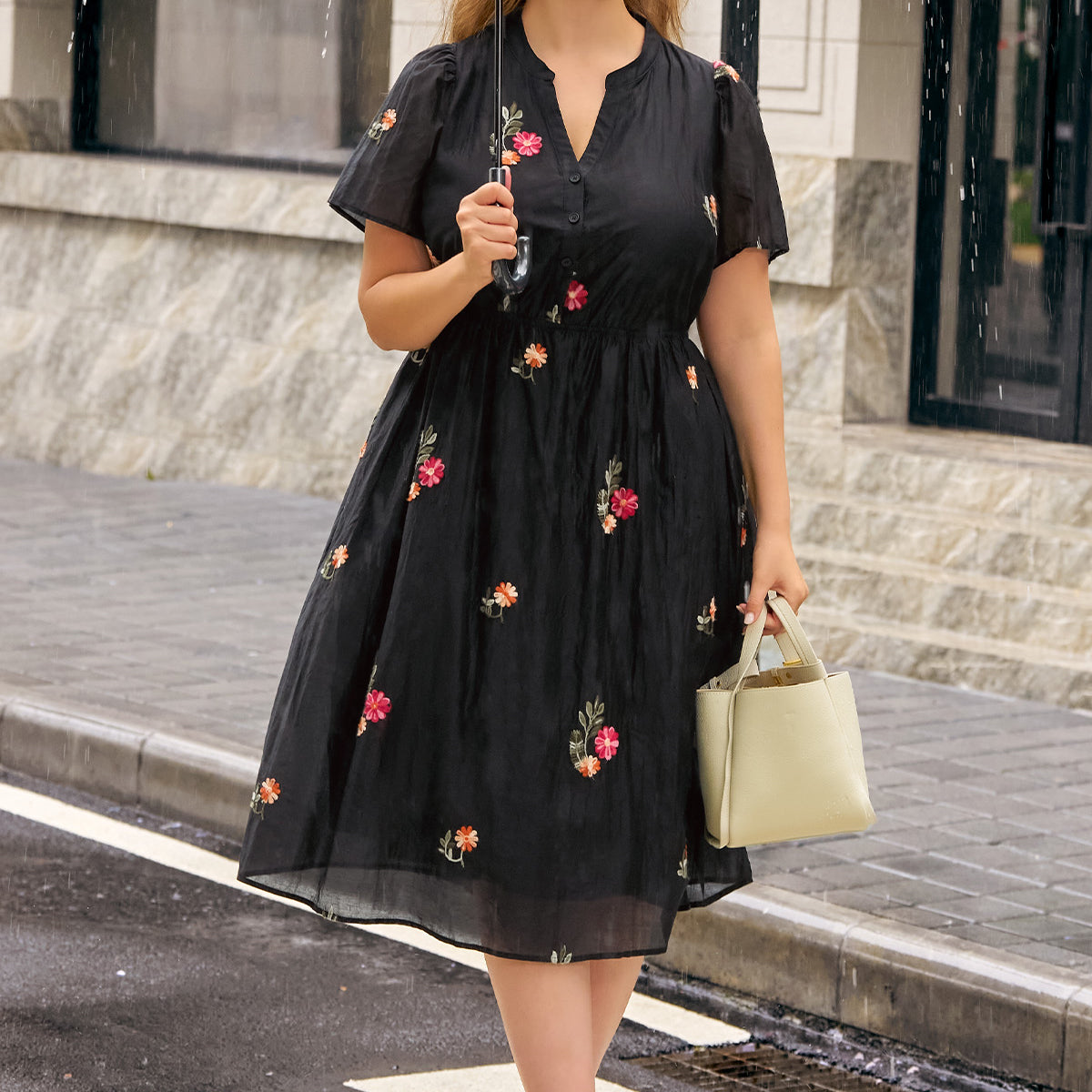 Sicilian Lemon Buttoned V-Neck Midi Dress