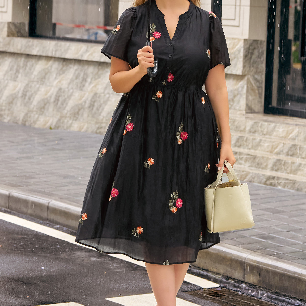 Sicilian Lemon Buttoned V-Neck Midi Dress