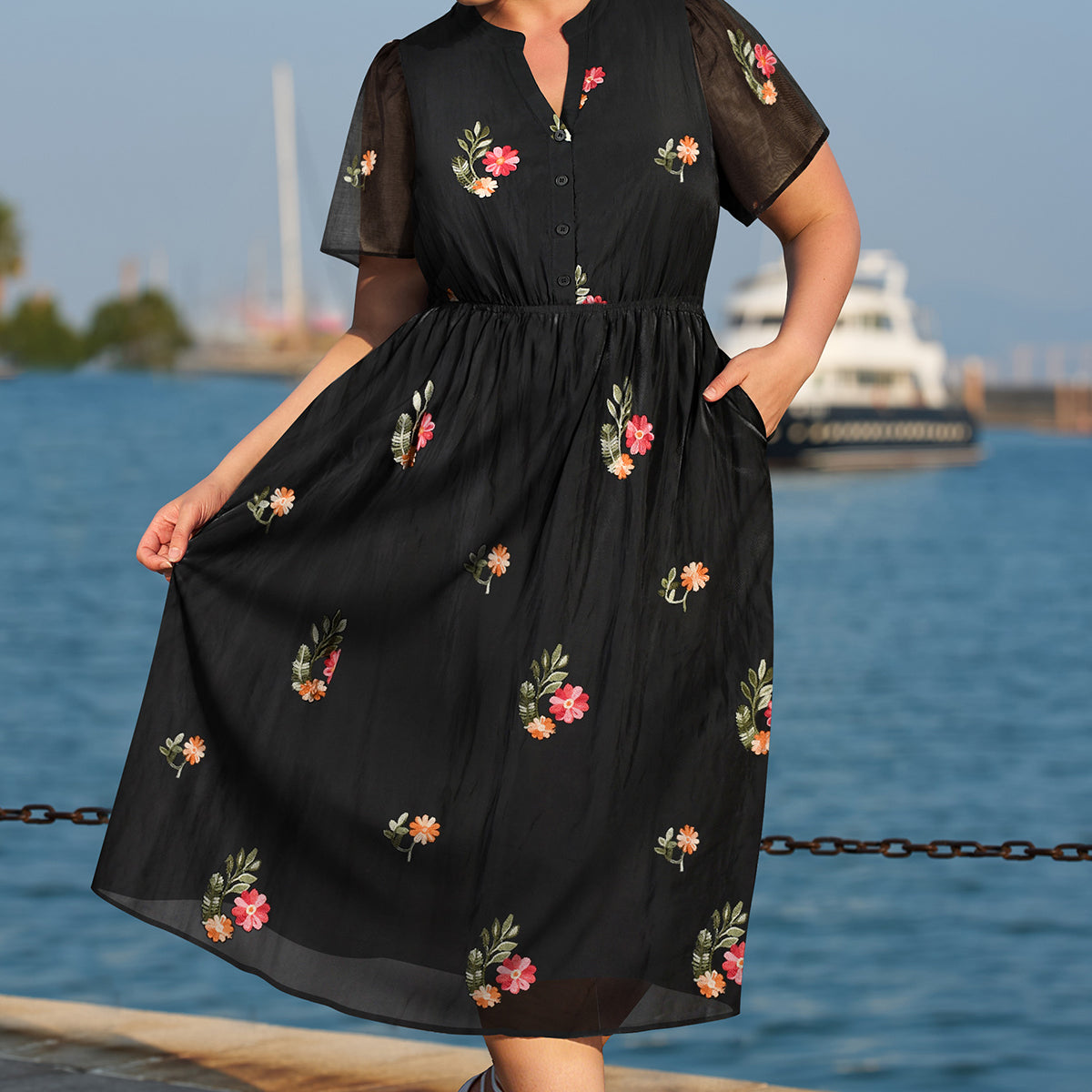 Sicilian Lemon Buttoned V-Neck Midi Dress