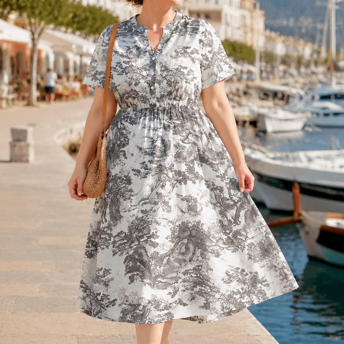 Vintage Toile Print Buttoned V-Neck Midi Dress