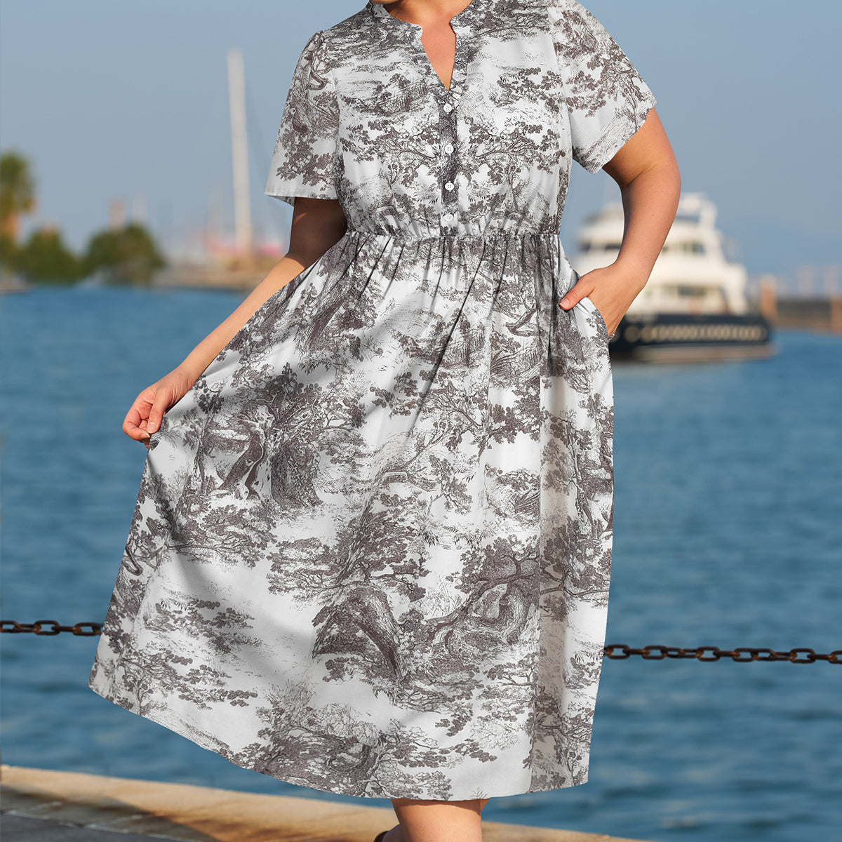 Sicilian Lemon Buttoned V-Neck Midi Dress