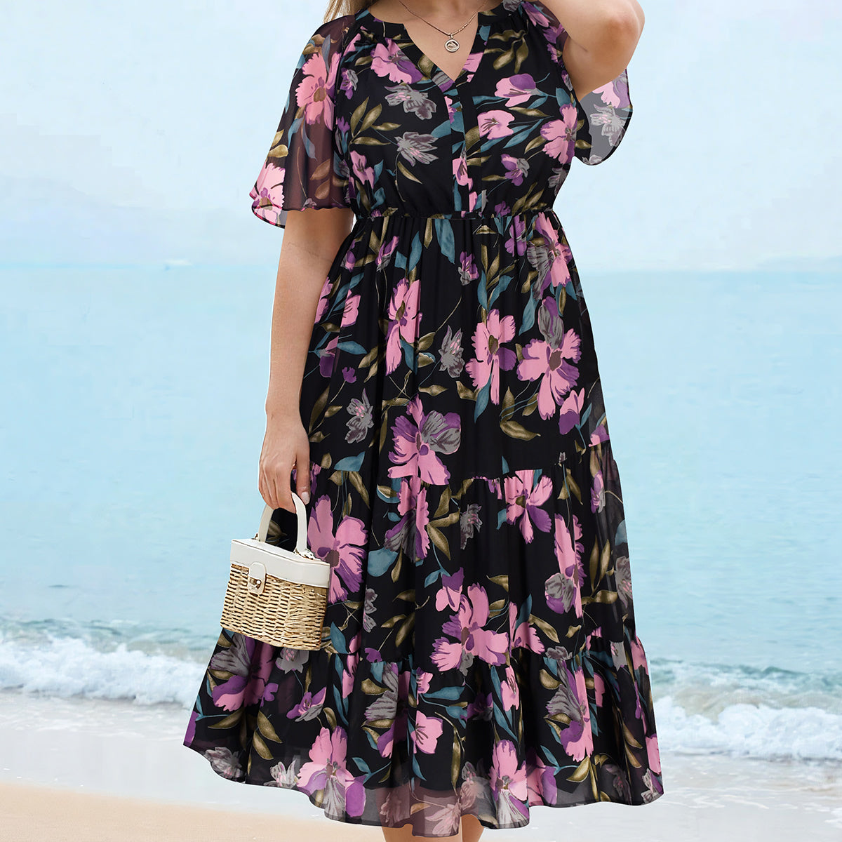 Floral Ruffled Sleeve Tiered Midi Dress