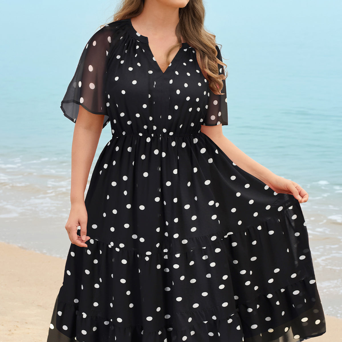 Warm Tone Tropical Floral Elastic Waist Midi Dress