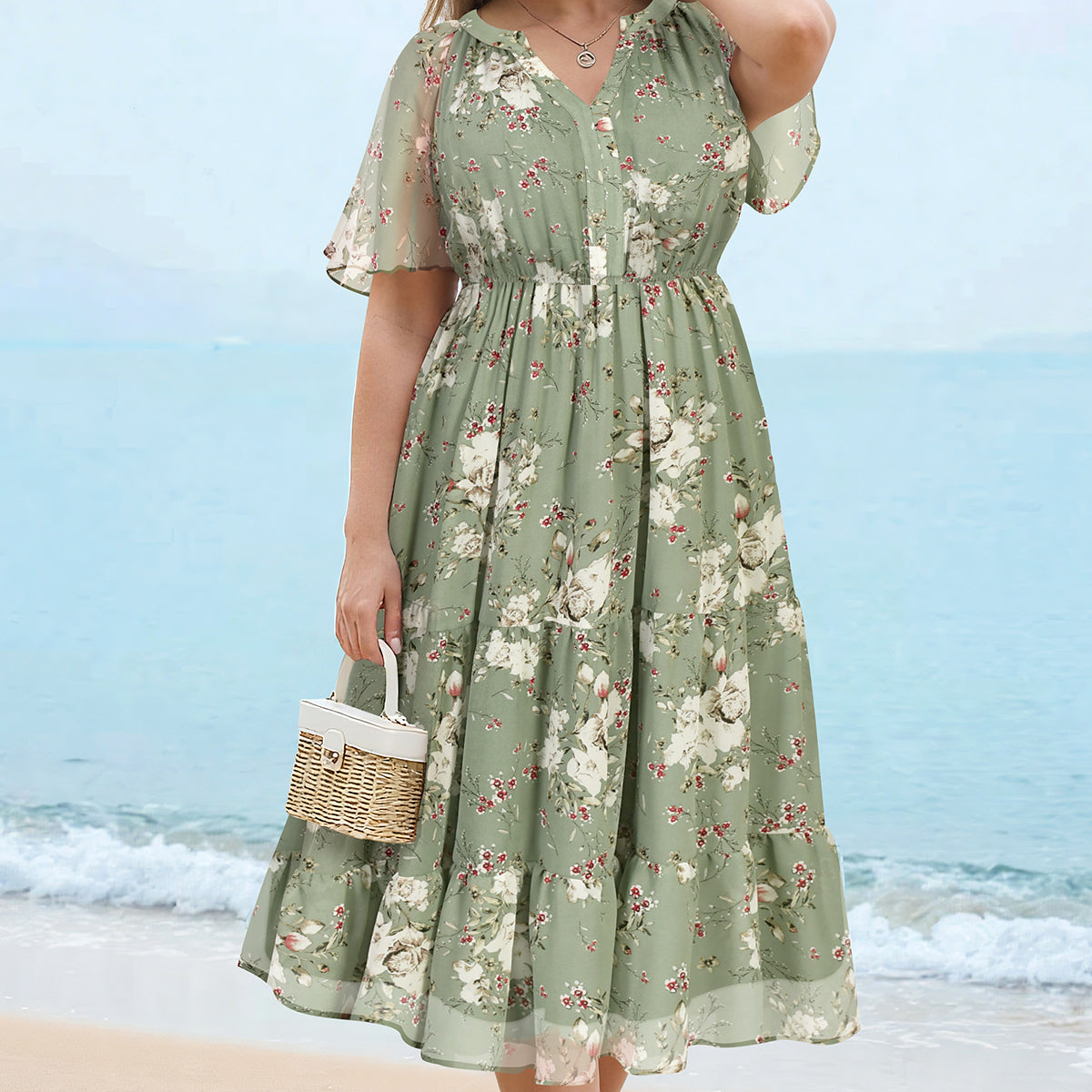 Floral Ruffled Sleeve Tiered Midi Dress