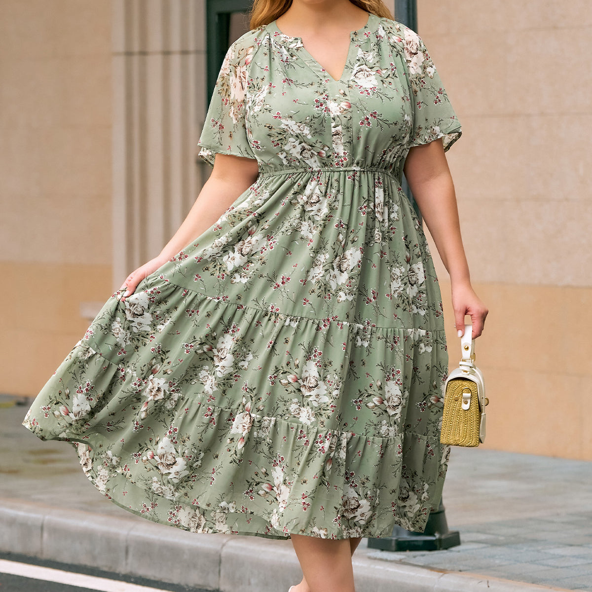 Boho Tropical Floral Elastic Waist Midi Dress