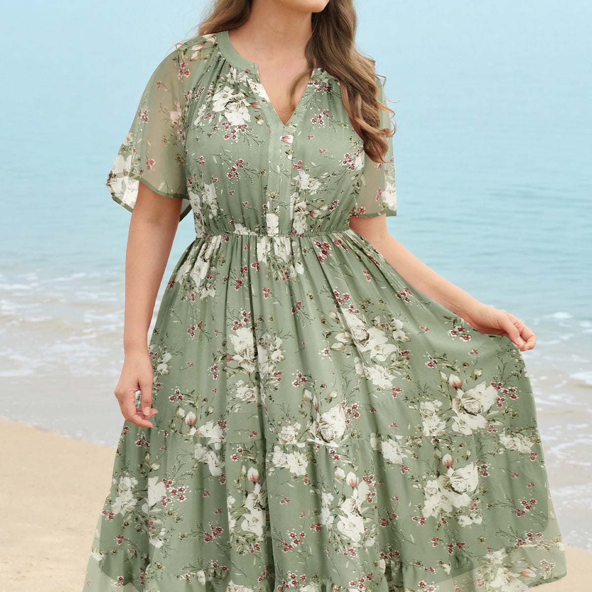 Warm Tone Tropical Floral Elastic Waist Midi Dress