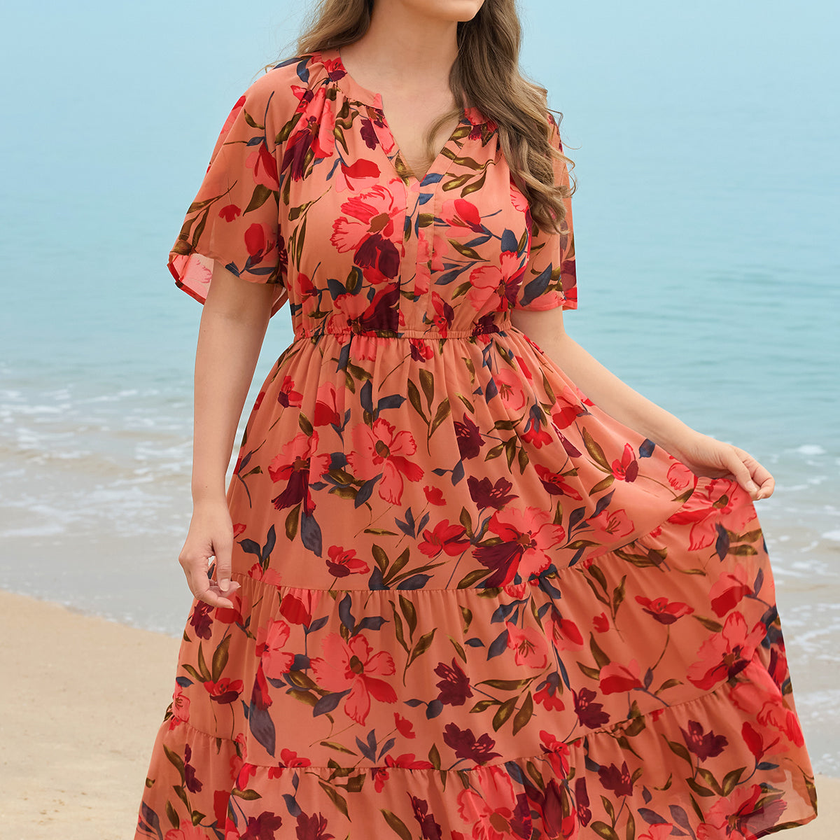 Floral Ruffled Short Sleeve Tiered Midi Dress