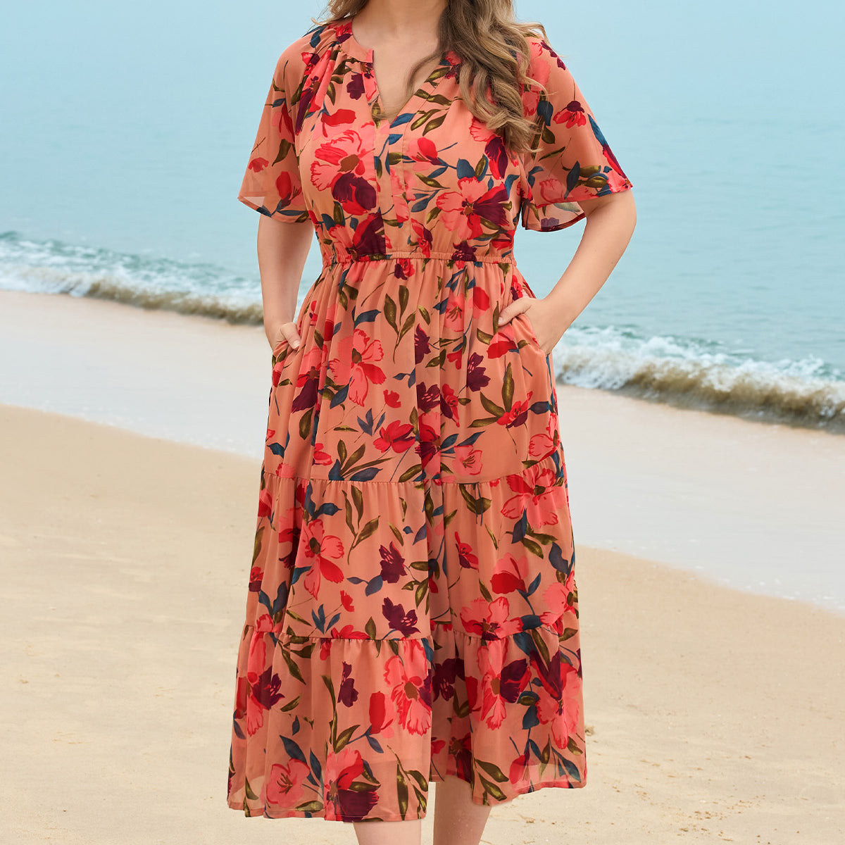 Warm Tone Tropical Floral Elastic Waist Midi Dress