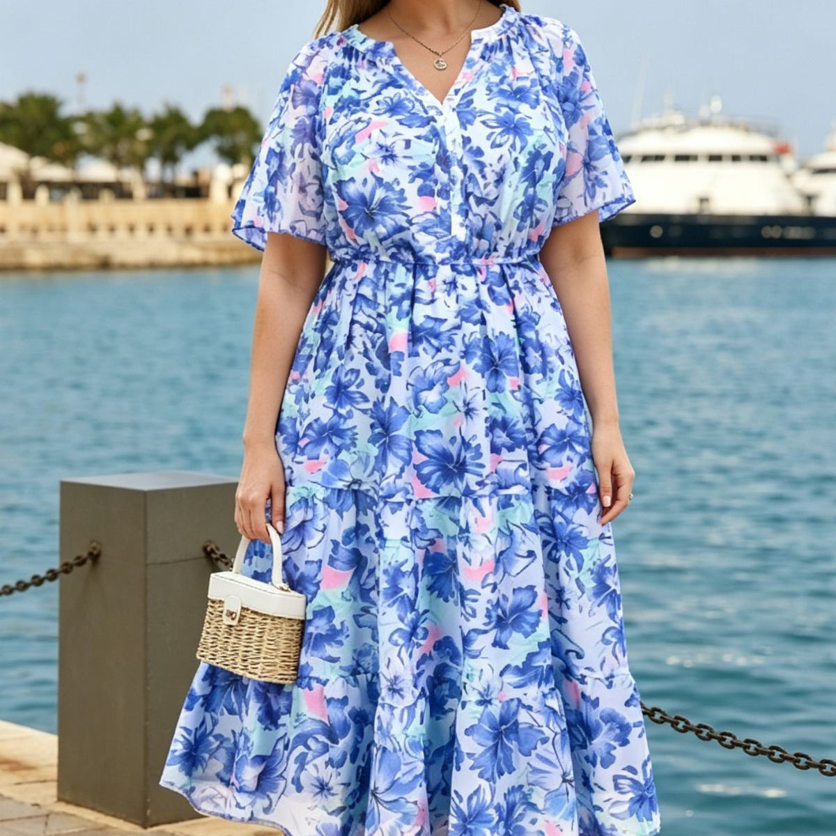 Boho Tropical Floral Elastic Waist Midi Dress