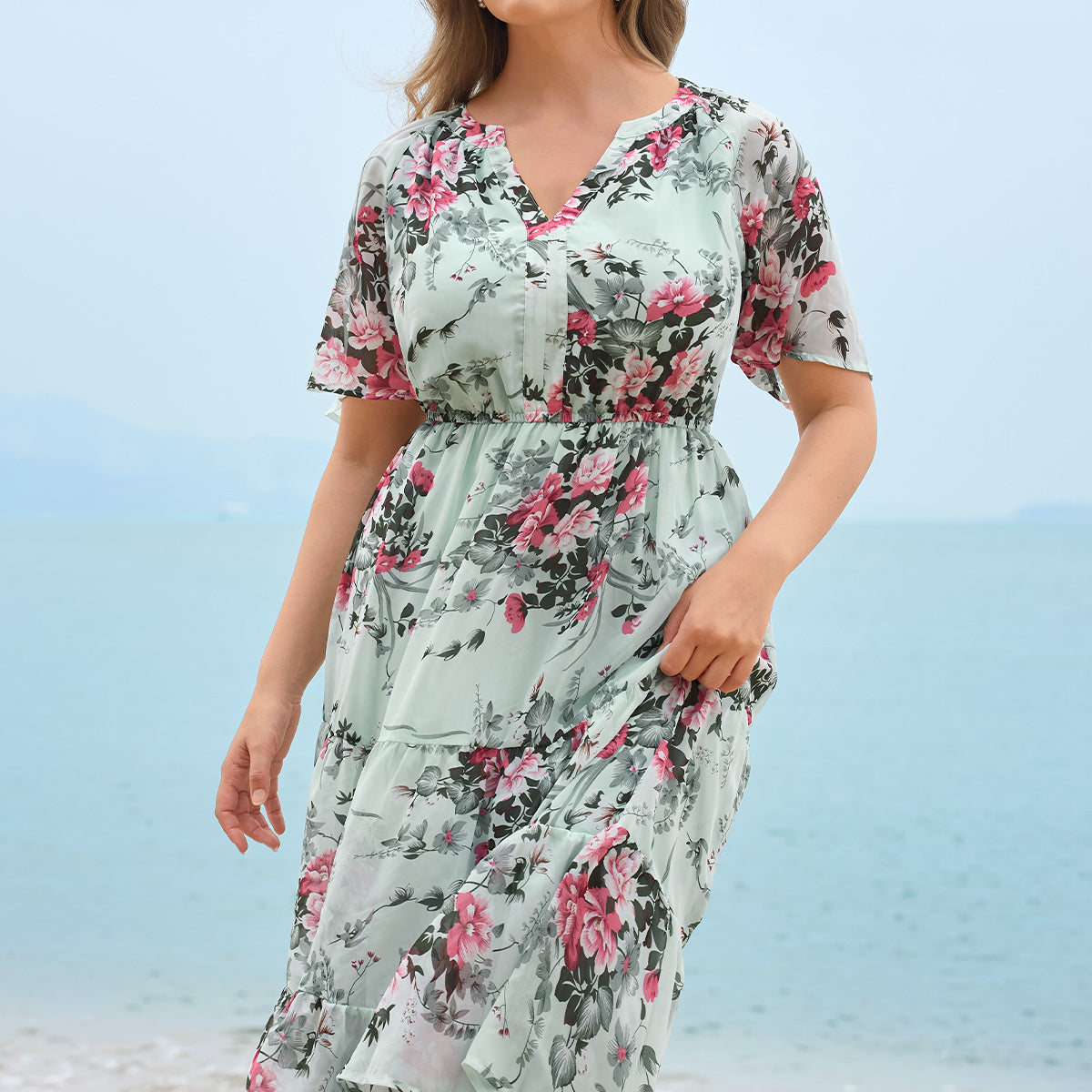 Floral Ruffled Sleeve Tiered Midi Dress
