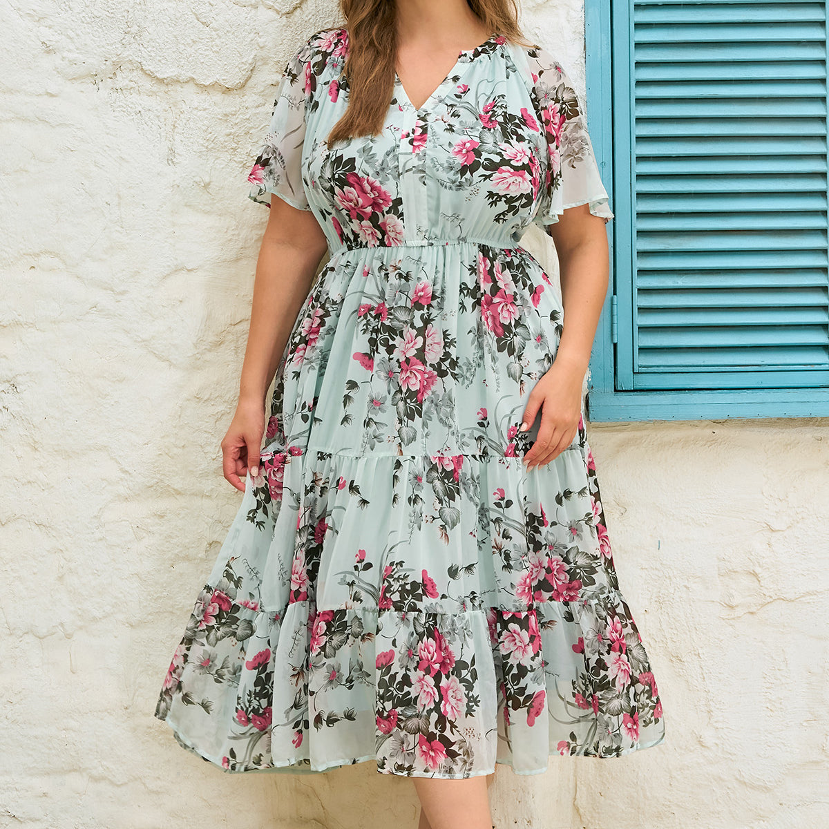 Floral Print Mesh Ruched V-neck Elastic Waist Midi Dress