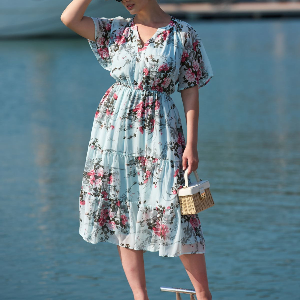 Floral Ruffled Short Sleeve Tiered Midi Dress