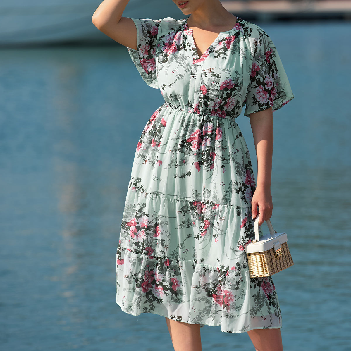 Floral Print Mesh V-neck Ruched Midi Dress