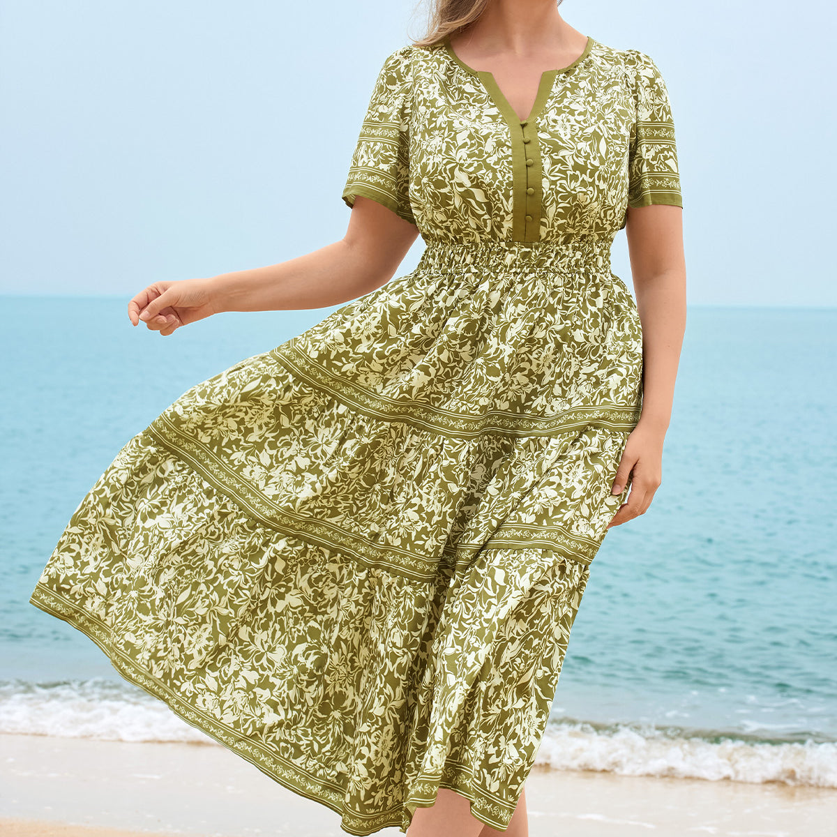 Boho Smocked Waist Tiered Midi Dress