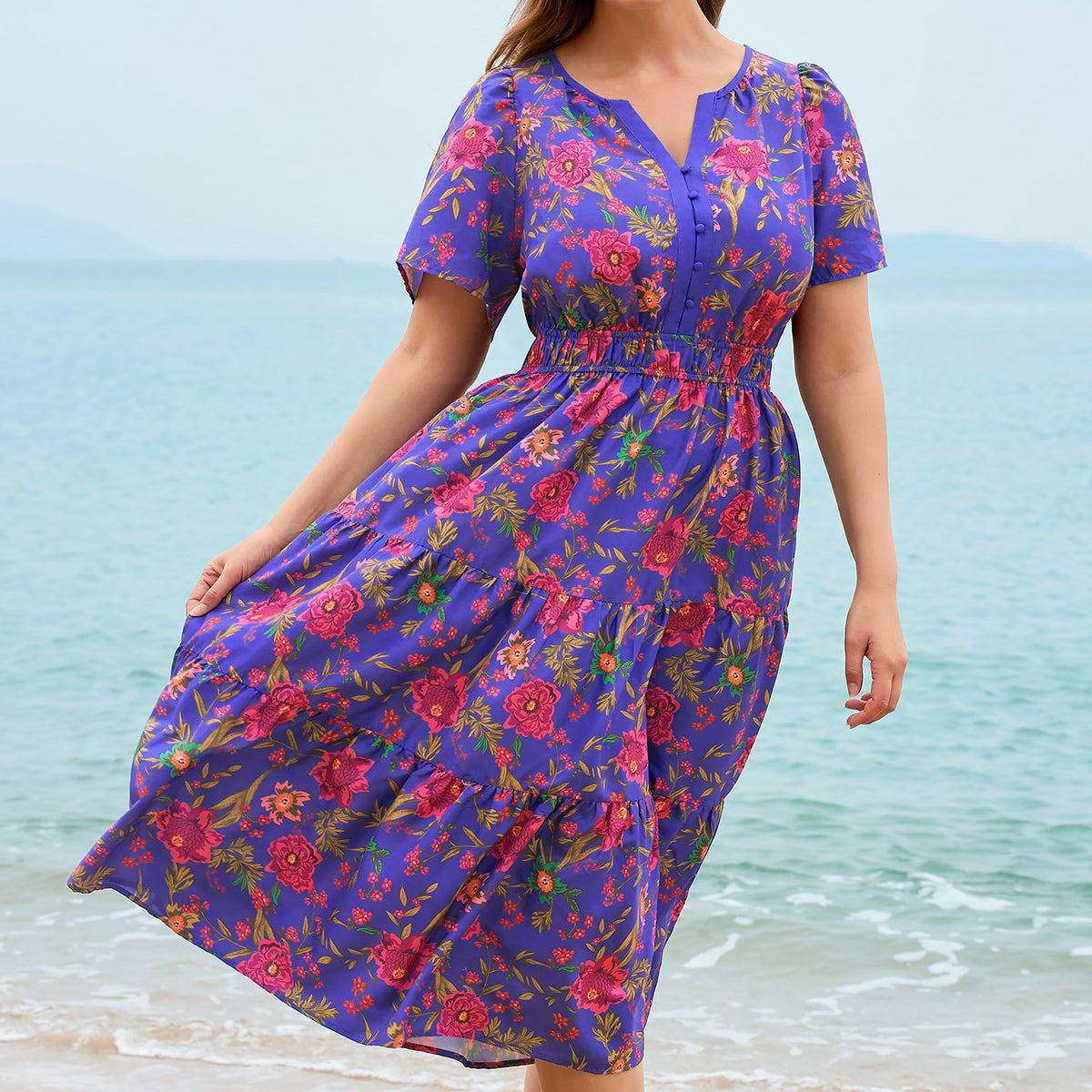 Boho Smocked Waist Tiered Midi Dress