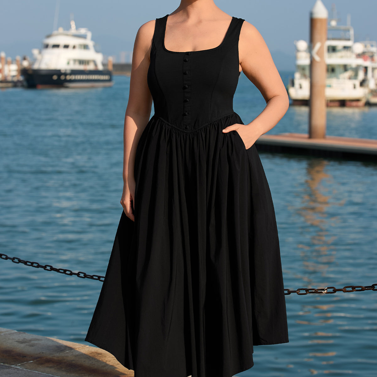 Solid Black Side Pocket Midi Dress