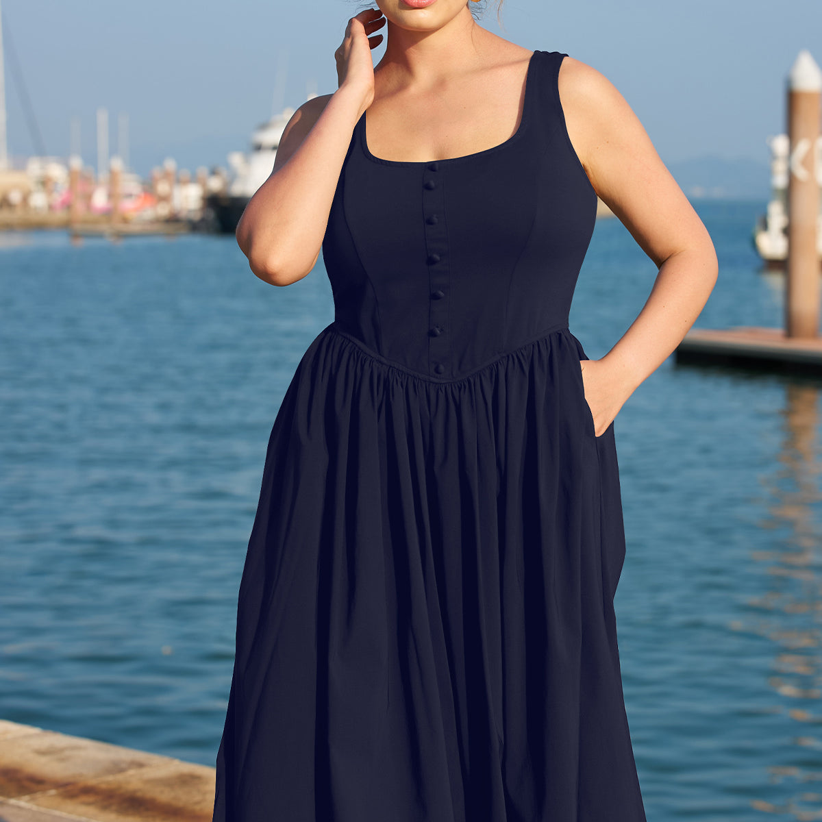 Solid Black Side Pocket Midi Dress