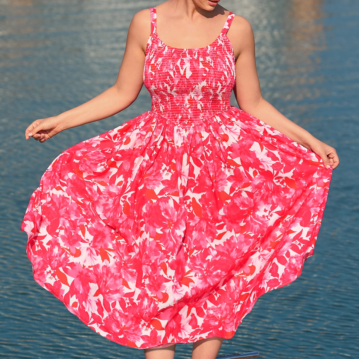 Floral Print Smocked Bodice Midi Dress