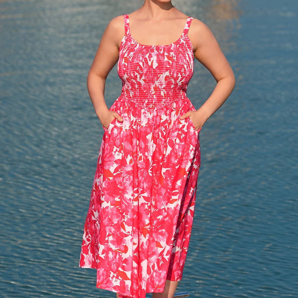 Floral Print Smocked Bodice Adjustable Straps Midi Dress