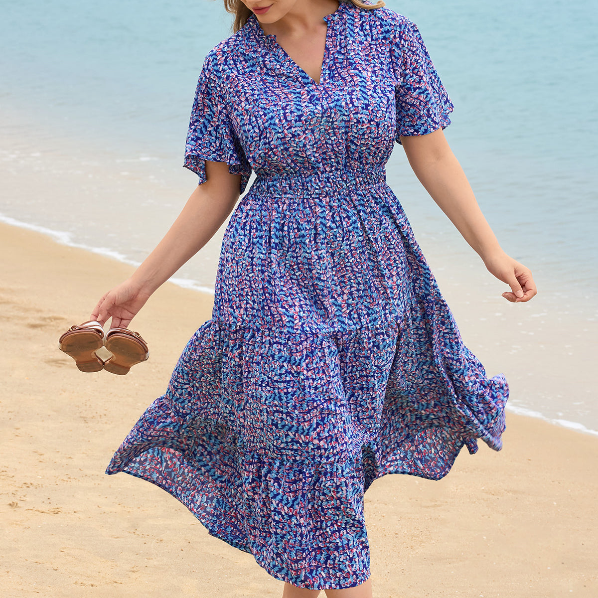 Floral Print Smocked Waist Midi Dress