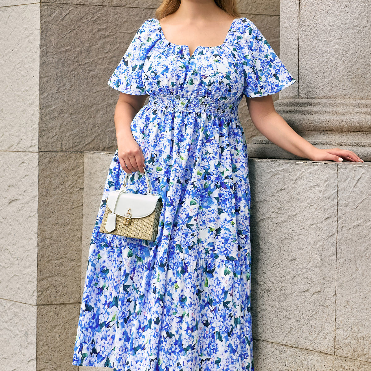 Hydrangea Print Square Neck Elastic Smocked Waist Midi Dress