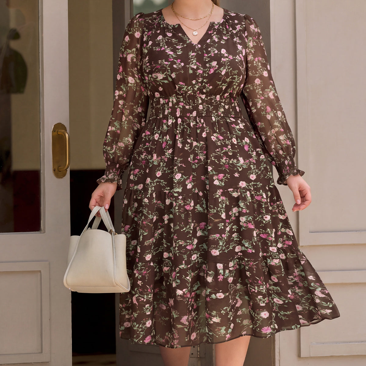 Chiffon Abstract Floral Long Sleeve Notch Neck Midi Dress