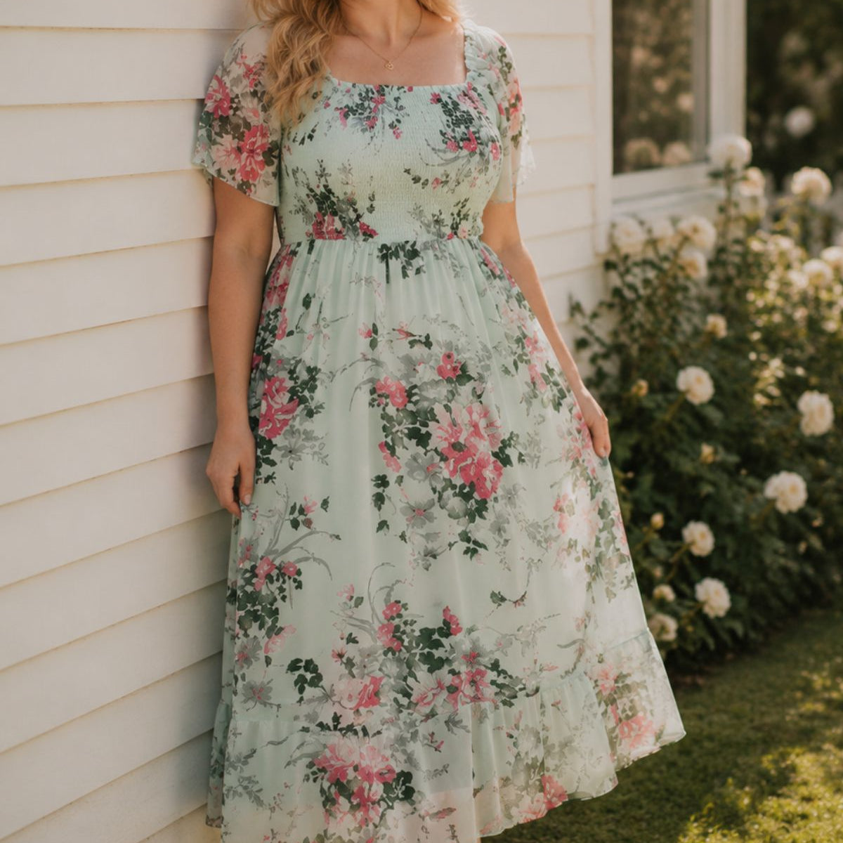 Floral Square Neck Smocked Lightweight Chiffon Midi Dress