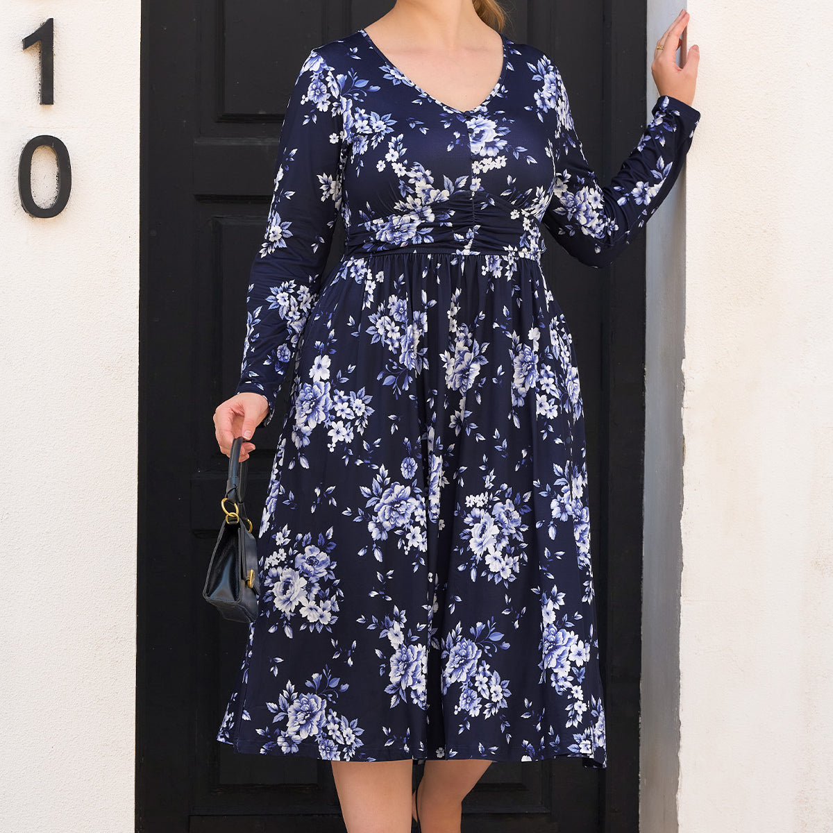 Botanical Print Long-Sleeve V-Neck Smocked Midi Dress