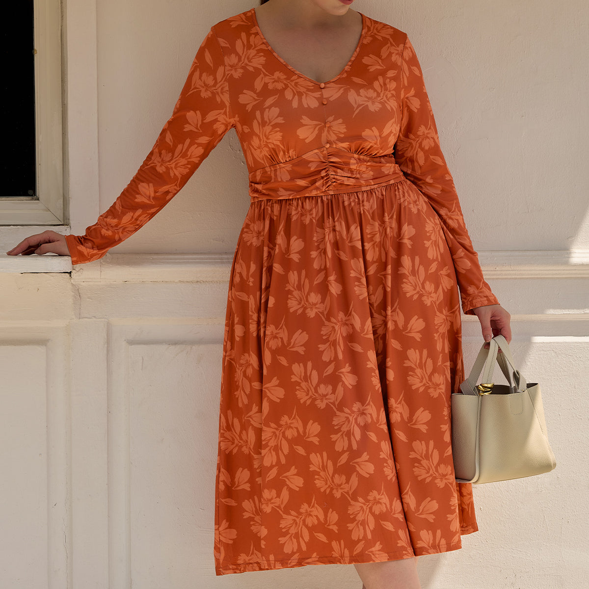 Botanical Print Long-Sleeve V-Neck Smocked Midi Dress
