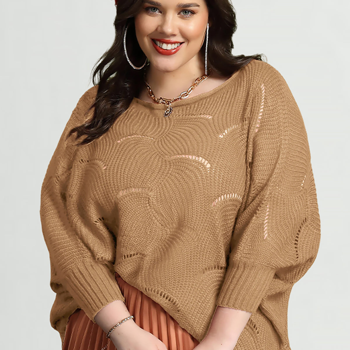 Pull en cachemire uni à manches chauve-souris ajourées Ritera