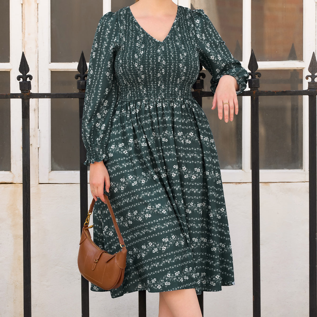 Rich Chocolate Floral Print Smocked Bodice Midi Dress
