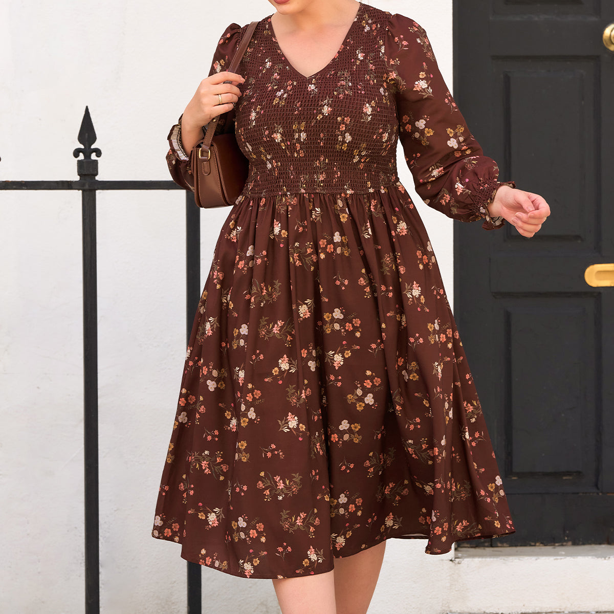 Rich Chocolate Floral Print Smocked Bodice Midi Dress