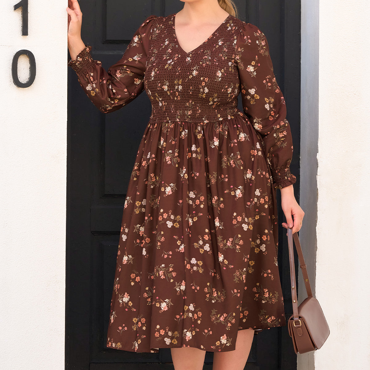 Ditsy Floral Print Long-Sleeve V-Neck Smocked Midi Dress