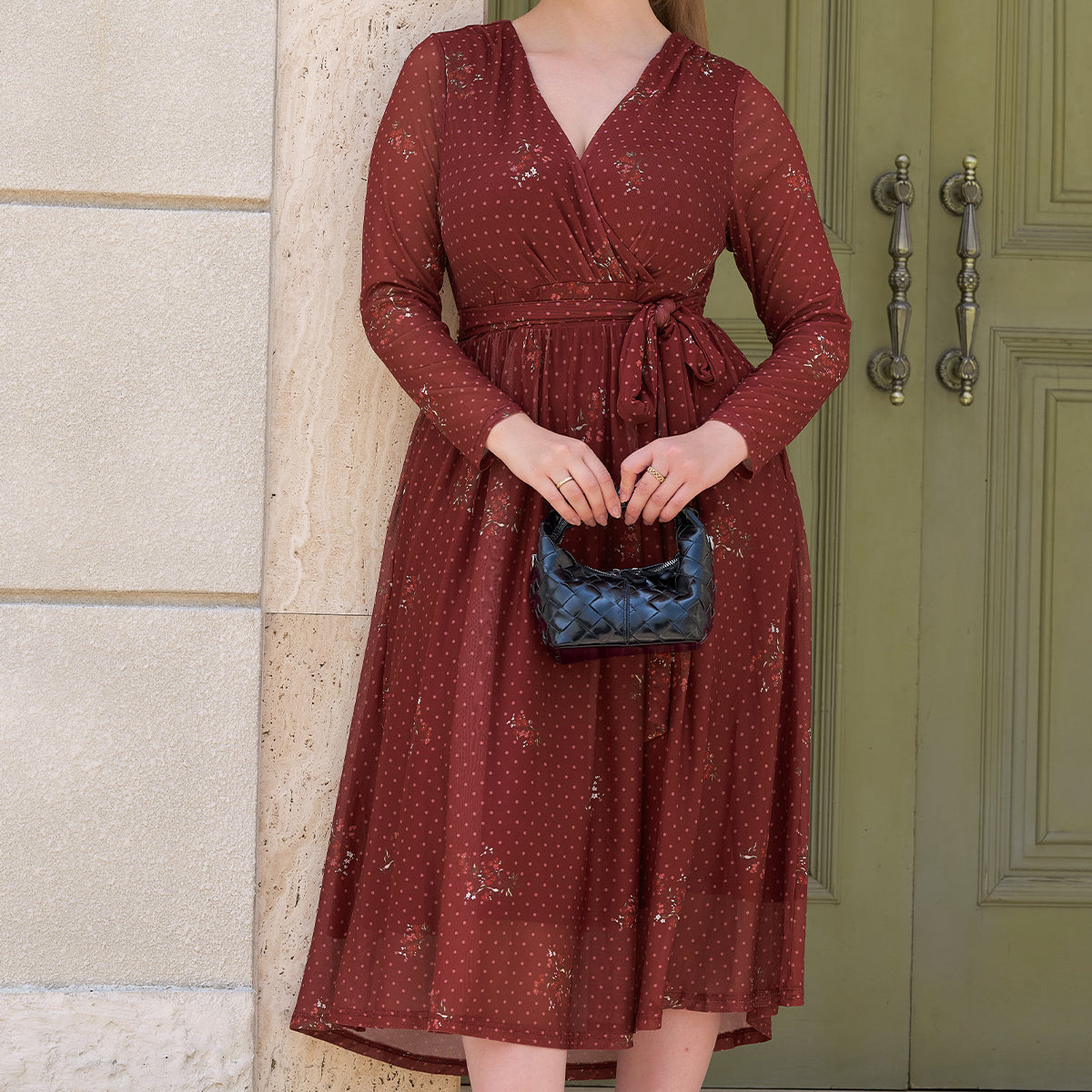 Polka Dot Floral Print Wrap-Tie Midi Dress