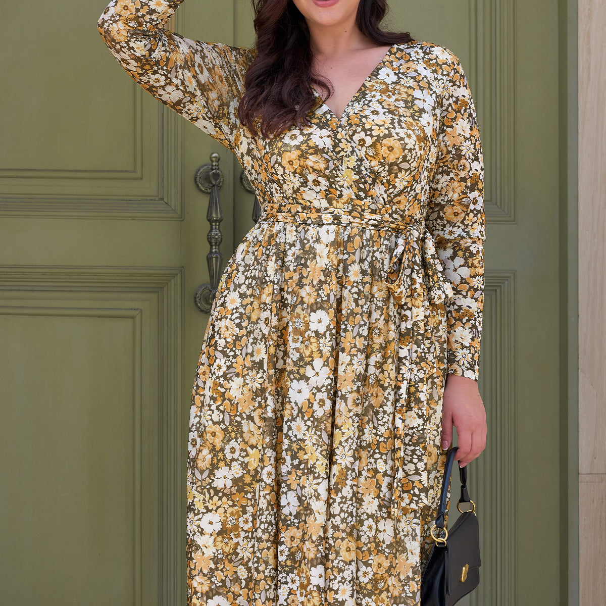 Polka Dot Floral Print Wrap-Tie Midi Dress