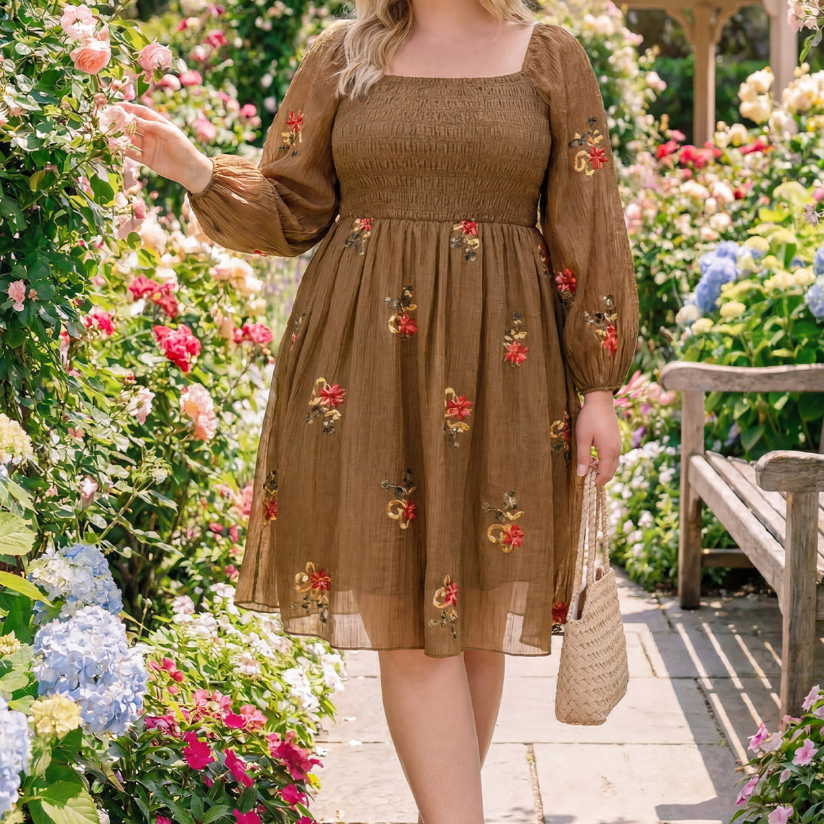 Embroidered Floral Shirred Square Neck A-line Midi Dress