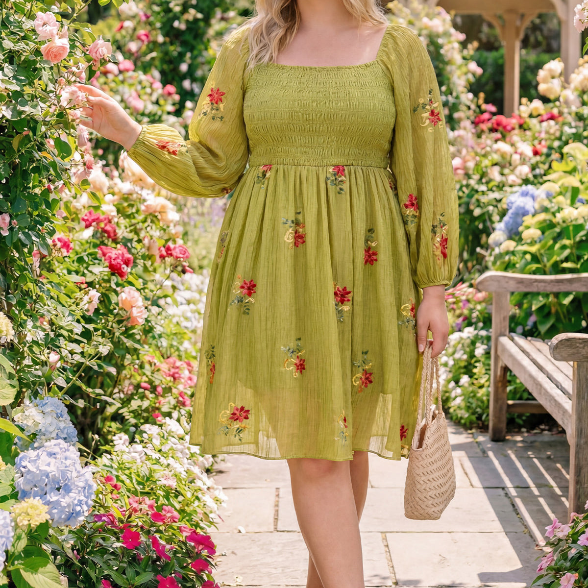 Embroidered Floral Shirred Square Neck A-line Midi Dress