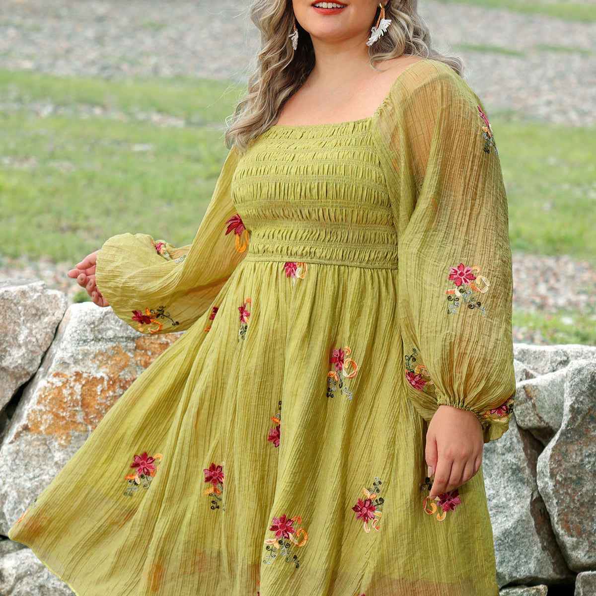 Embroidered Floral Shirred Square Neck A-line Midi Dress