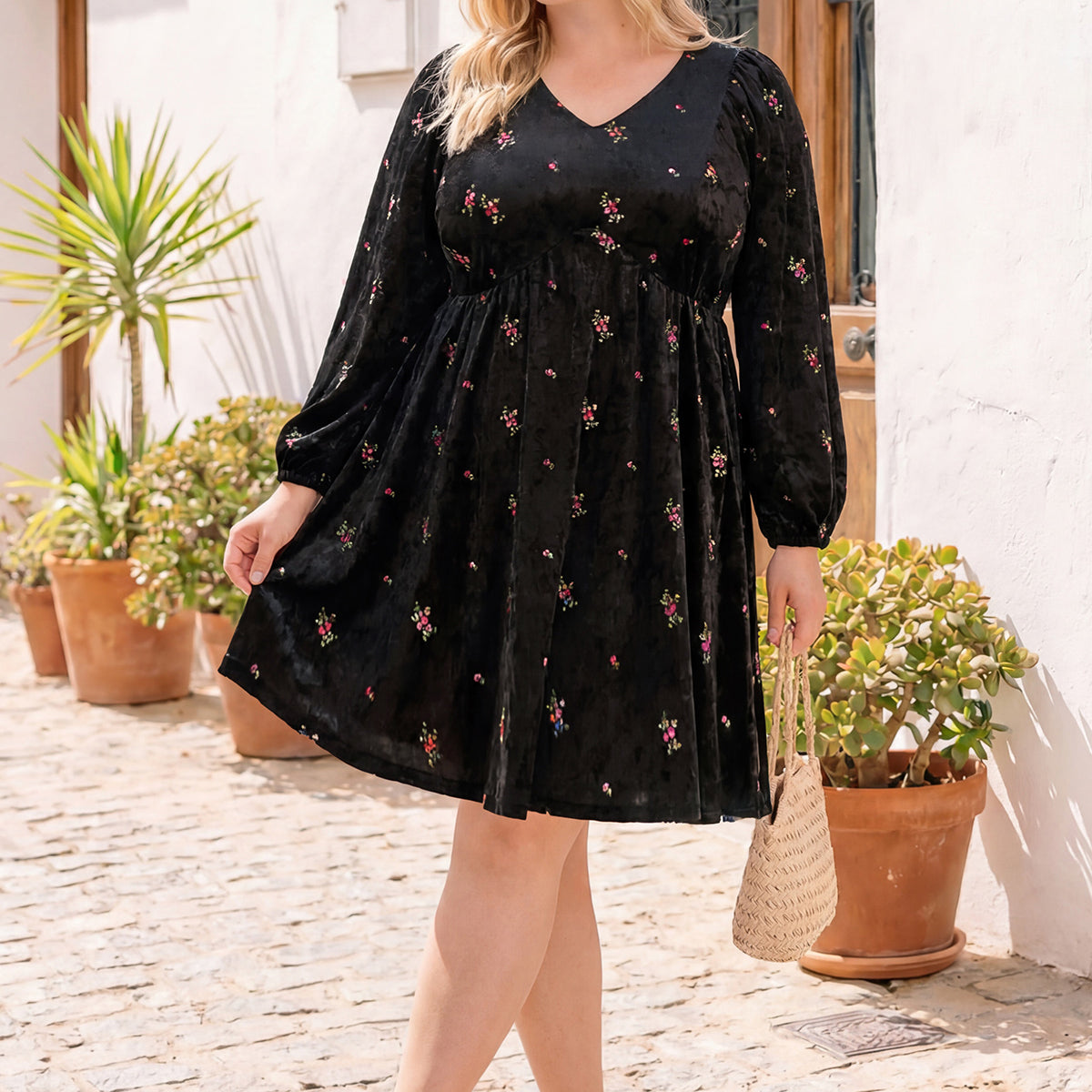 Pocket Velvet Floral Print Lantern Sleeve Mini Dress