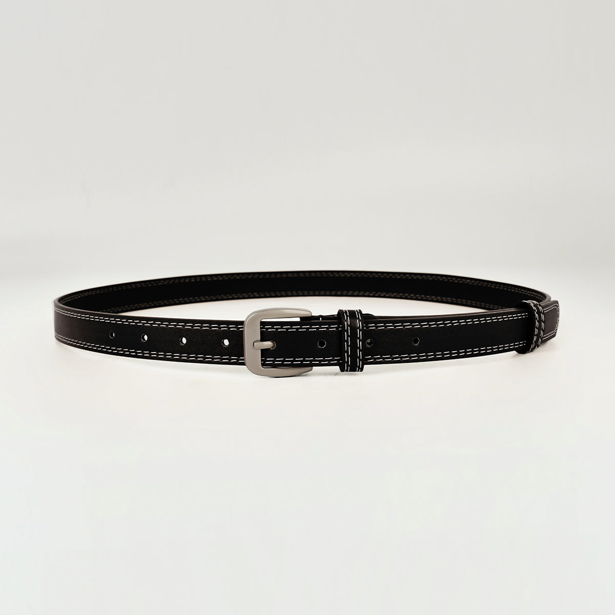 Contrast Stitch Silver Tone Buckle Leather Belt