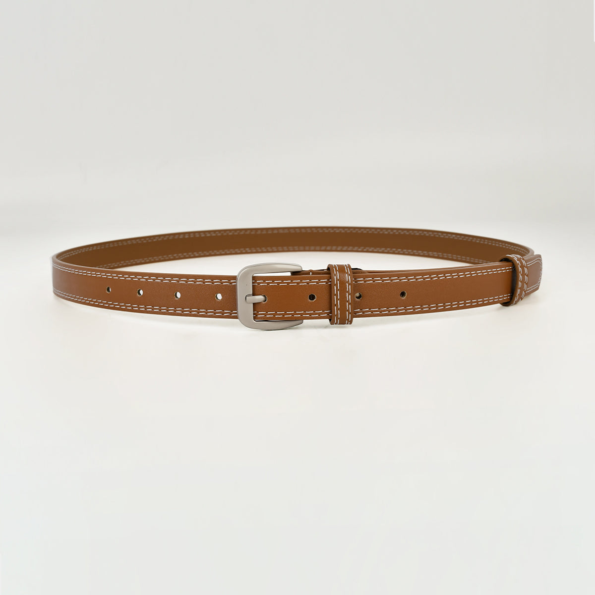 Contrast Stitch Silver Tone Buckle Leather Belt
