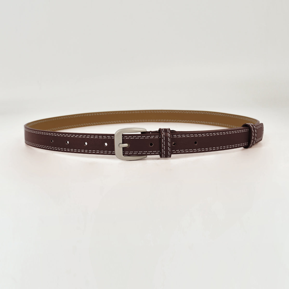 Contrast Stitch Silver Tone Buckle Leather Belt