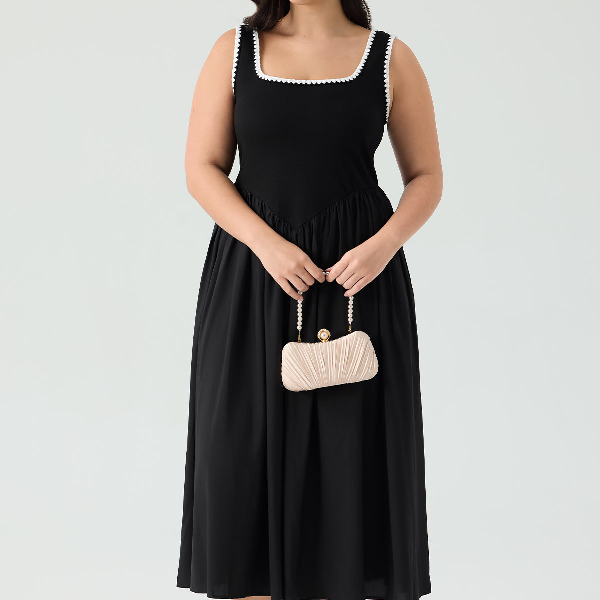 Pockets Elastic Scalloped Square Neck Midi Dress