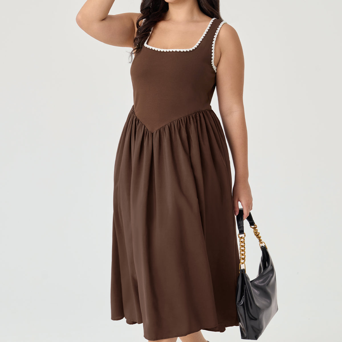 Ritera Pockets White Scalloped Square Neck Midi Dress