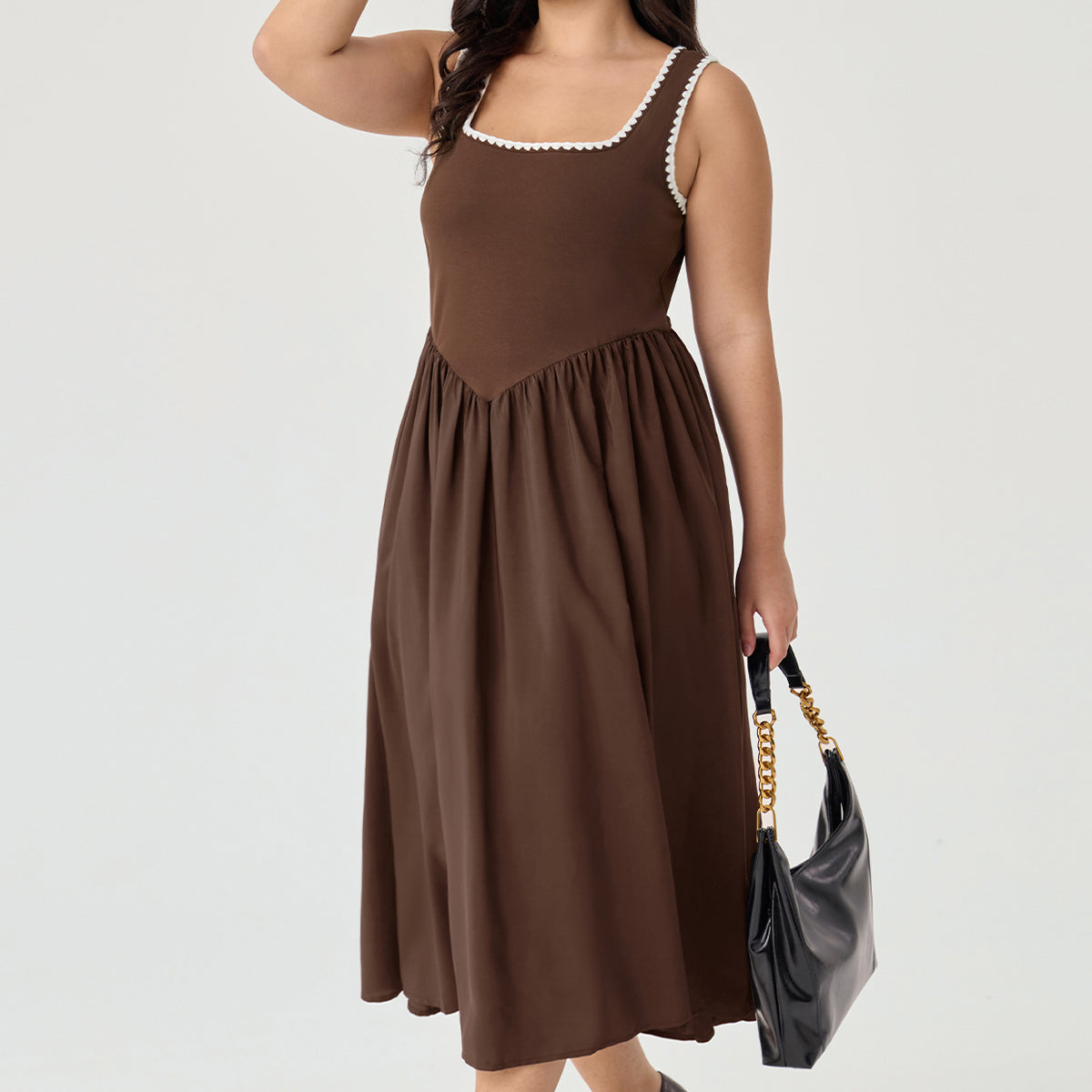 Pockets Elastic Scalloped Square Neck Midi Dress